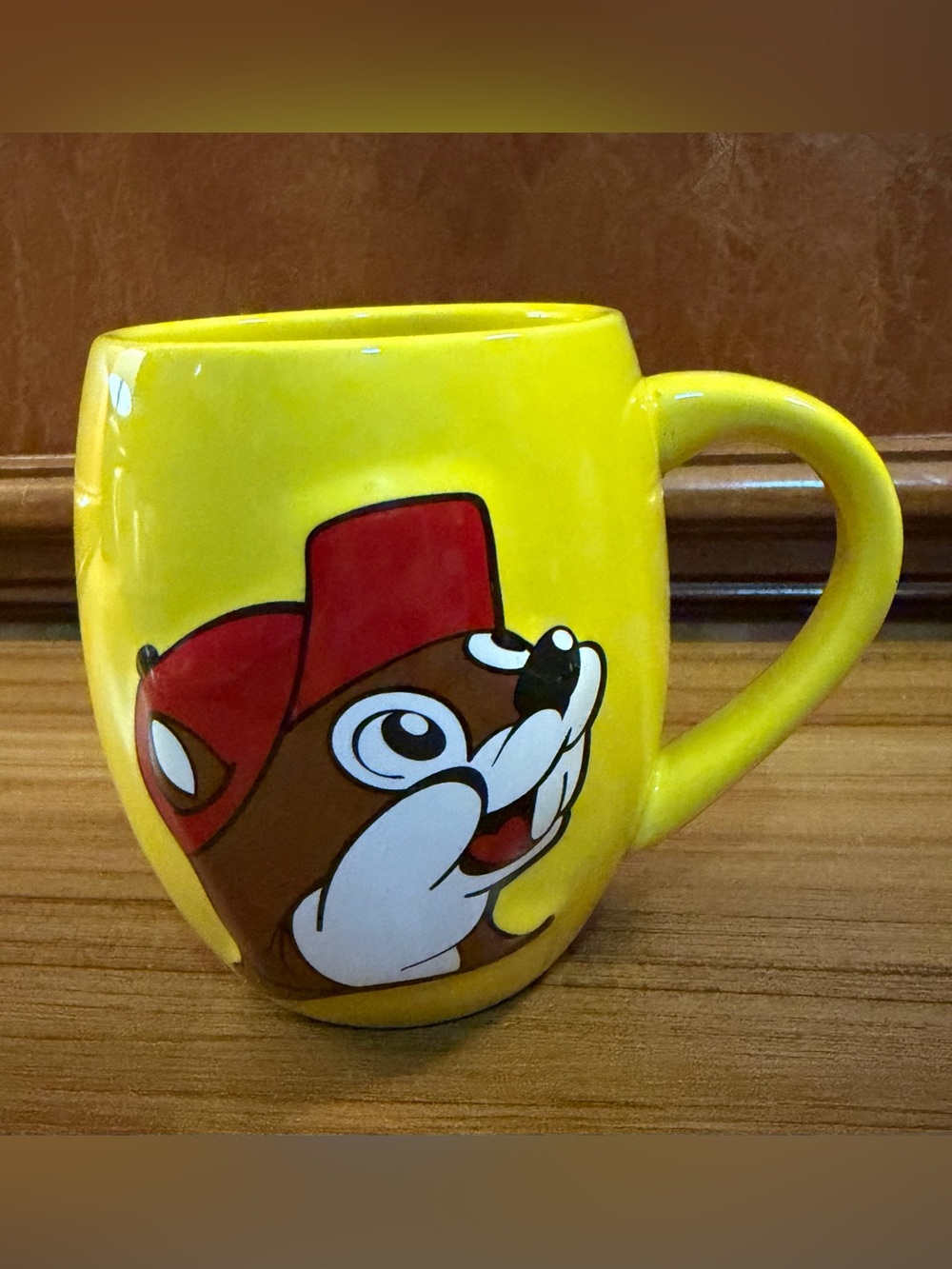 Vintage Buc-ee’s Beaver Believer Yellow Ceramic Mug with Red Cap Design